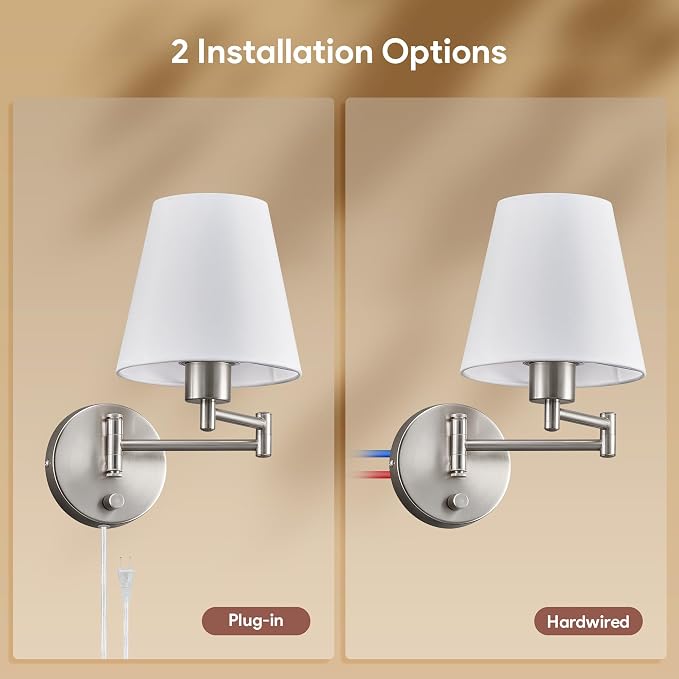 VONLUCE Modern Adjustable Swing Arm Wall Lamp Brushed Nickel, Plug-in Wall Sconce Lighting for Bedroom Bedside, Living Room, Kitchen, Hallway, Wall Mounted Light Fixtures with White Fabric Shade