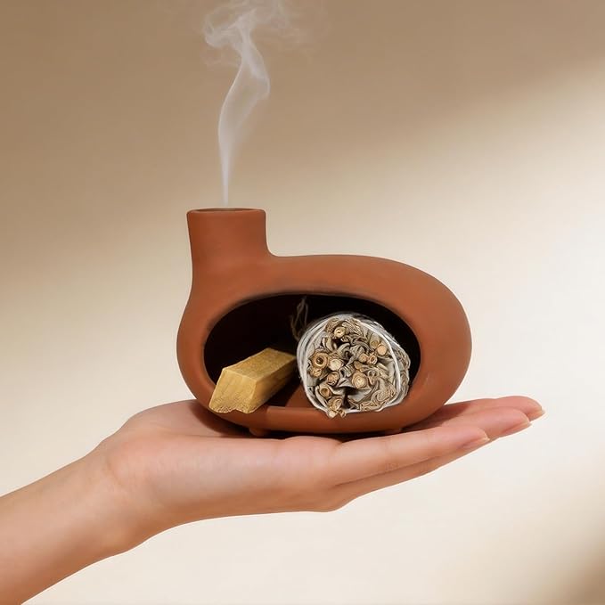 MOUGIGI Handmade Terracotta Orange-red Palo Santo Holder - Mini Chiminea Incense Burner Chimney for Palo Santo Sticks, Sage & Cones - Smudge Bowl for Energy Cleansing,Meditation & Aromatherapy Gifts