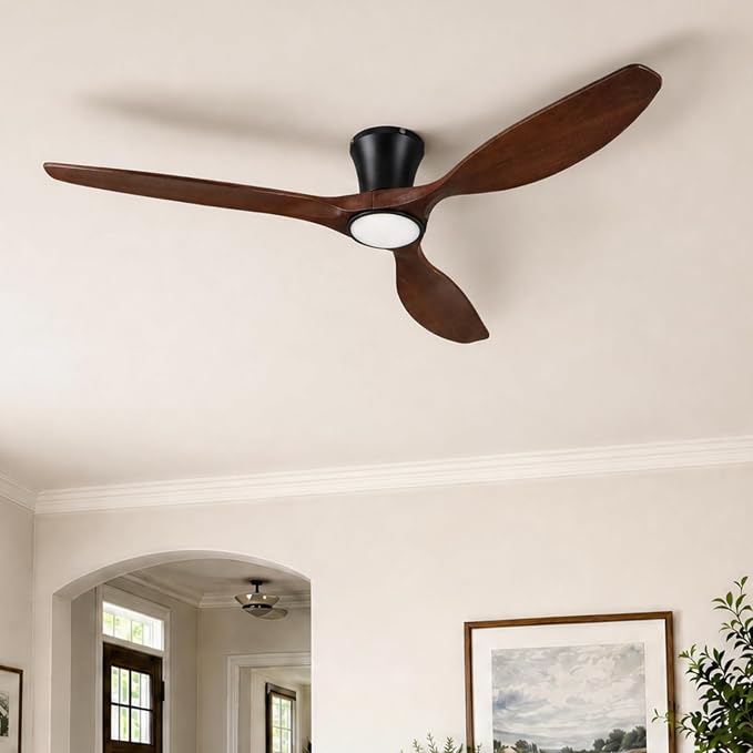 Skylike 52" Wood Ceiling Fan with Lights, Flush Mount Low Profile Ceiling Fan with Remote Control, Dimmable LED, Quiet Ceiling Fan Indoor/Outdoor for Living Room Bedroom Patio-Dark Walnut Finish