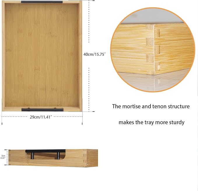 Krismax Wooden Serving Tray with Handles, Serving Platter 15.7x11.4 Inch Food Drinks Tray for Coffee Table,Decorative Storage Tray for Entertaining, Breakfast Tray in Bed,Lunch,Dinner,BBQ(Bamboo)