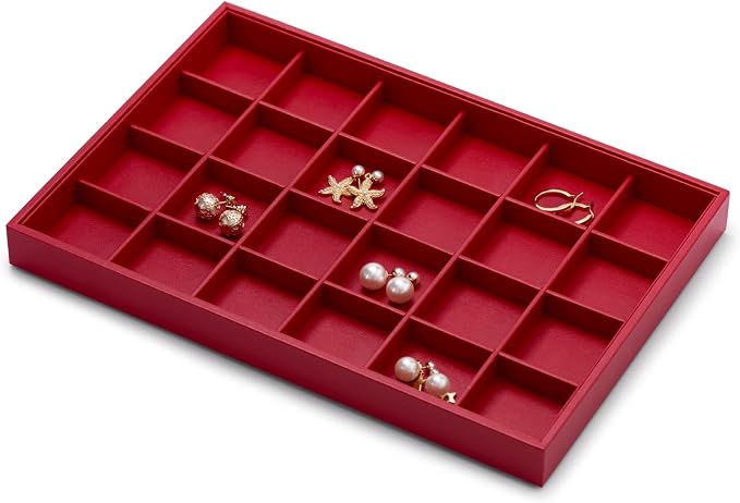 Oirlv Red Leather Jewelry Organizer 24-Grid | Red Leather Exterior, Soft Microfiber Interior, 35X24X3Cm, Vibrant Red Color, Removable Dividers, Great for Retail Display