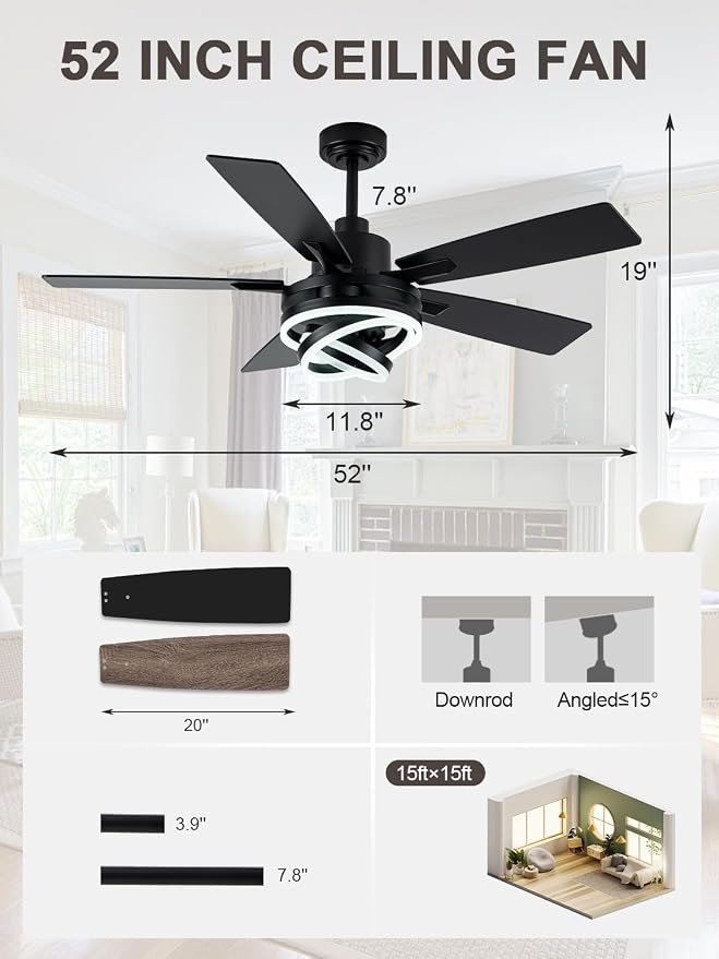 Bella Depot 52" Modern Black Ceiling Fan with Light and Remote, Chandelier Fan Light for Living Room Bedroom Office Indoor Patio