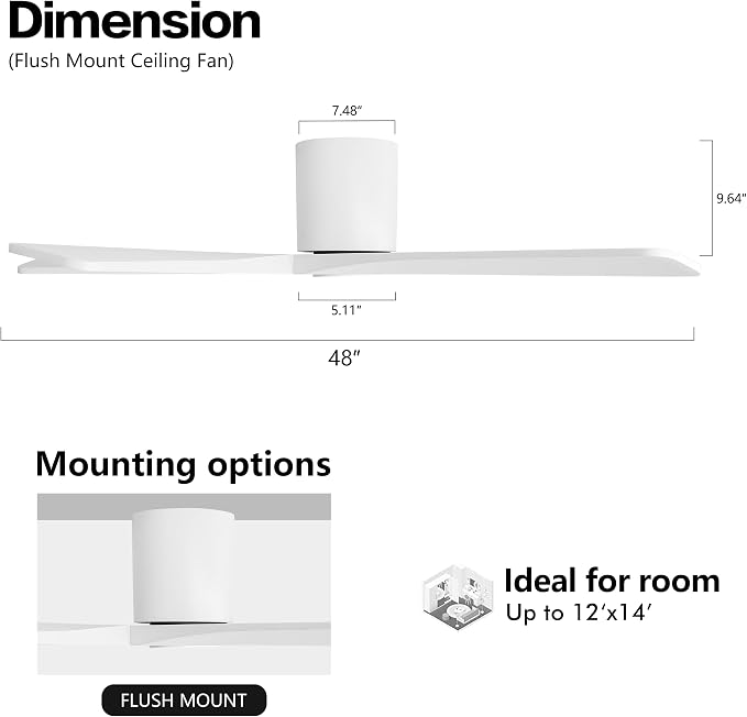 WINGBO 48 Inch Flush Mount DC Ceiling Fans without Lights, 5 Carved Solid Wood Blades, 6-Speed Reversible DC Motor, Low Profile Hugger Ceiling Fan No Lights for Indoor and Outdoor, Gloss White