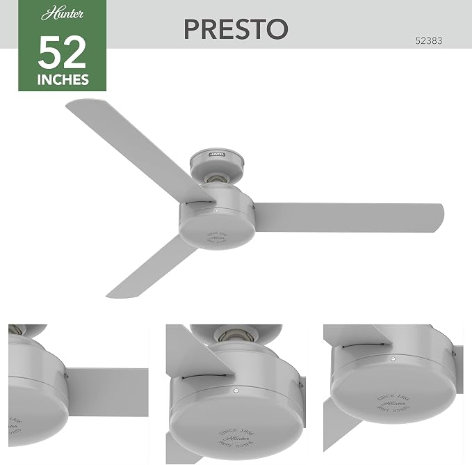 Hunter Presto, Indoor, Ceiling Fan, No Light, Modern, 52 inch, Dove Grey | Standard Mount, Wall Control, 3 Blades, For Bedroom, Living Room, Kitchen, 52383
