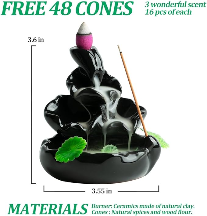 Cute Ceramic Backflow Incense Holder Waterfall Incense Burner with 48 Incense Cones and 30 Incense Stick, Incense Fountain for Home Decor, Desk Decor(Black)