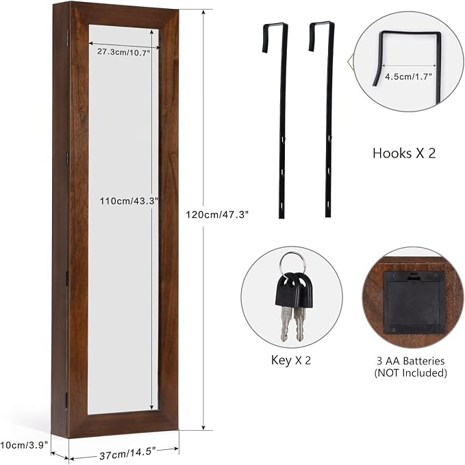 SRIWATANA Dark Brown Jewelry Cabinet with Full Length Mirror, Solid Wood | Wall & Door Mounted Wood Jewelry Armoire; Space-Saving Organizer with Lockable Door & Large Storage Capacity for Makeup