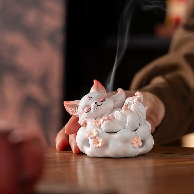 Cute Nine-Tailed Fox Decorative Incense Holder, Resin Sleeping Fox Figurine Cone Coil Incense Burner with Lid, Ash Catcher for Yoga Meditation Spa Home Office Aromatherapy Decor (White)