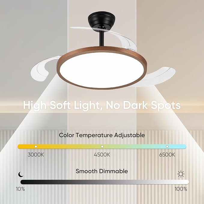 42 Inch Retractable Ceiling Fan with Lights, Fandelier Ceiling Fan for Bedroom Living Room Dinning Room, Chandelier with Fan 6 Speed, 3 Color Temperature, Reversible DC Motor-Black