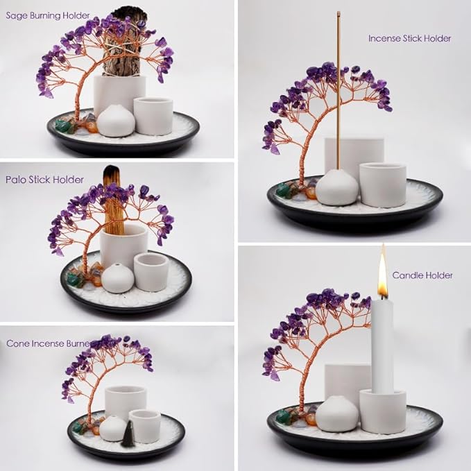5 in 1 Incense Burner Holder with Crystal Tree for Burning Palo Santo Stick, Sage, Incense Sticks, Candle, Ceramic Tray Ash Catcher, Meditation Gift (Purple)