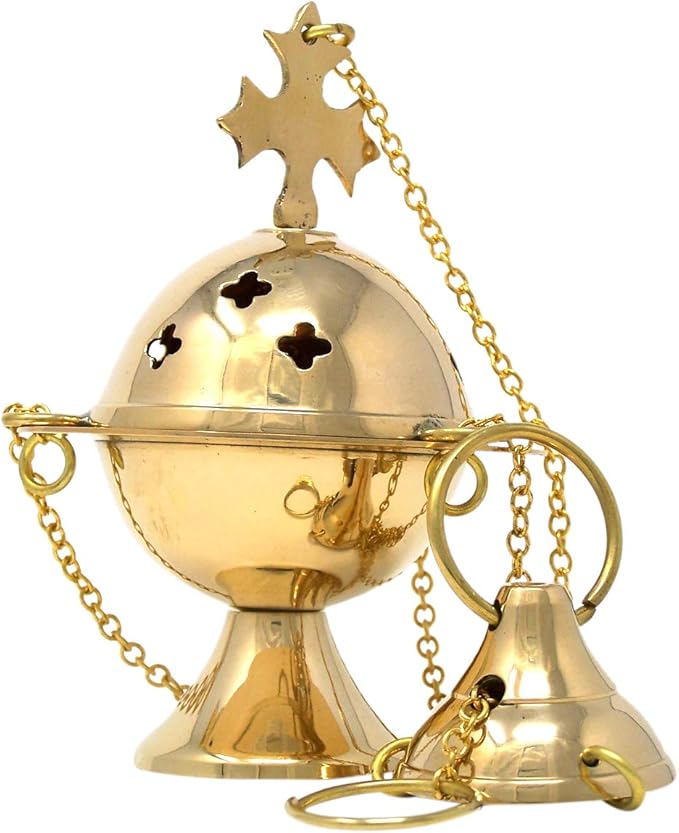 Needzo High Polished Brass Cross Design Hanging Church Thurible Censer with Chain, 4 3/4 Inch