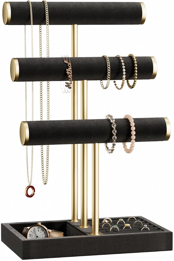 Jewelry Organizer Stand Display, 3 Tier Velvet Bracelet Holder, Black | Jewelry Organizers and Storage | Jewelry Tree | Jewelry Towers for Necklaces, Bracelets, Earrings, Rings