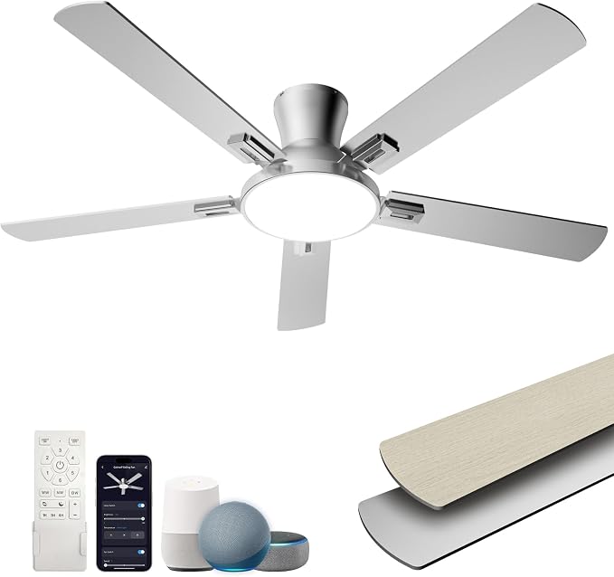 52 Inch Ceiling Fans with Lights and Remote, Flush Mount Low Profile Smart Ceiling Fan with WIFI Alexa App Control, Quiet Reversible DC Motor, 6 Speeds, Dimmable LED Light, Nickel