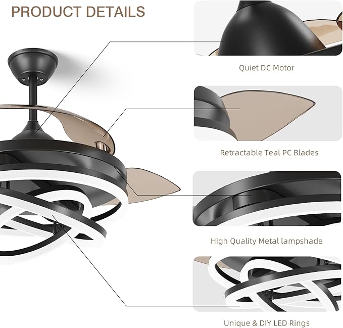 FIDGRA 42 Inch Retractable Ceiling Fan, Chandelier Ceiling Fans with Lights, Silent DC Motor, 6 Speeds, 3 Color Changing for Bedroom Living Room (Black)