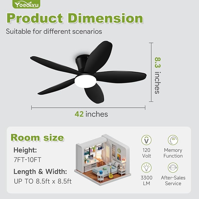 Ceiling Fans with Lights - 42 Inch Low Profile Flush Ceiling Fan with Light and Remote Control, Flush Mount, 6-Speed, 3CCT, Noiseless,Timer, Black Ceiling Fans for Bedroom Indoor/Outdoor Use