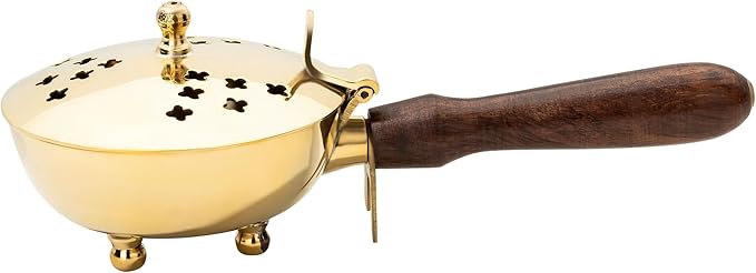 Brass Charcoal Incense Burner with Wooden Handle – 8×4 Inch Incense Pan with Hinged Lid – Handmade in India – MaMeMi