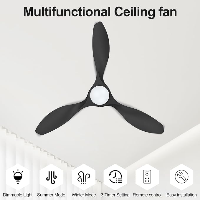 ocioc 42 inch Ceiling Fans with Lights and Remote, Dimmable Ceiling Fans with Reversible Quiet DC Motor, Flush Mount, 3CCT, Black Ceiling Fan for Bedroom Living Room Indoor/Outdoor