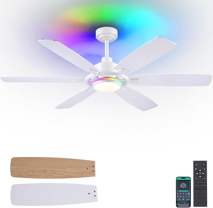 SHIHOT 54" Modern 6-Blade White RGB Ceiling Fans with Lights and Remote | 14 RGB Modes ,6 Wind Speeds, Reversible, Dimmable 3 CCT LED, 30W Quiet DC Motor,6 Double-Sided Blades,for Bedroom Kidsroom