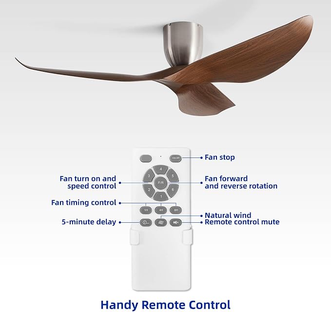 60" Walnut Finish Flush Mount Ceiling Fan with Remote, No Light | Modern Low-Profile, Heat Resistant ABS Blades, 6-Speed Reversible Quiet DC Motor for Balcony, Living Room, Bedroom