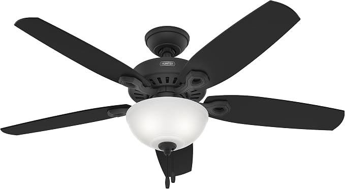 Hunter Builder Deluxe, Indoor, Ceiling Fan, 5 Blades, 52 inch, Matte Black | with LED Light, Standard Mount, Pull Chain, For Bedroom, Living Room, Includes Bulbs, 52386