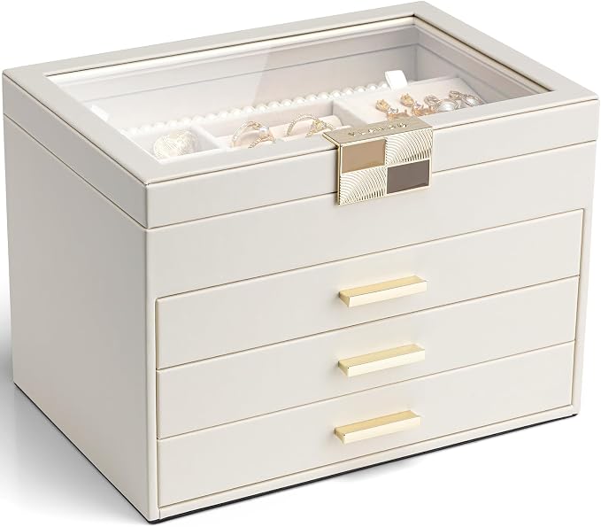 VLANDO Jewelry Box Organizer for Women, 4-Layer Jewelry Storage Case with Glass Lid, Gold Handle, 3 Drawers for Rings, Earrings, Necklaces and Bracelets - Cloud White