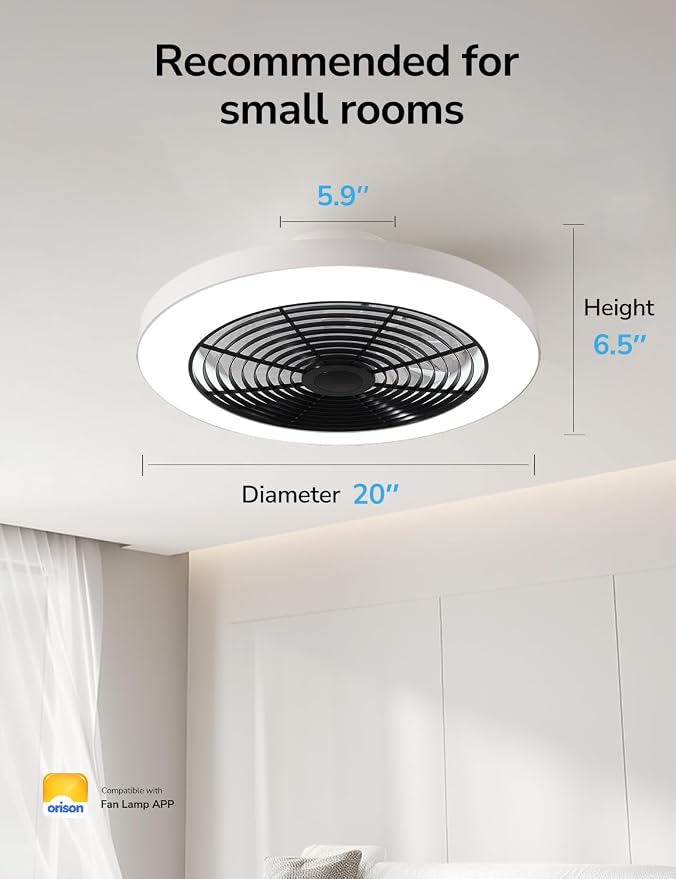 Orison Ceiling Fans with Lights, Low Profile Ceiling Fan with Lights and Remote, 6 Wind Speeds Smart Flush Mount Ceiling Fan for Bedroom, Kids Room and Living Room 19.7" (Black)