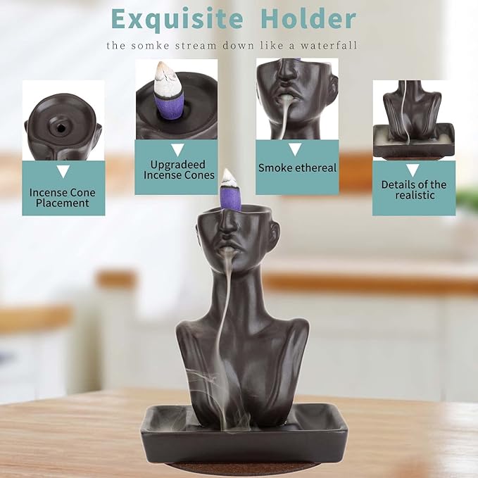 YYW Statue Backflow Incense Holder Incense Burner Waterfall Aromatherapy Ornament Home Decor with Incense Cones and Incense Stick (Black)