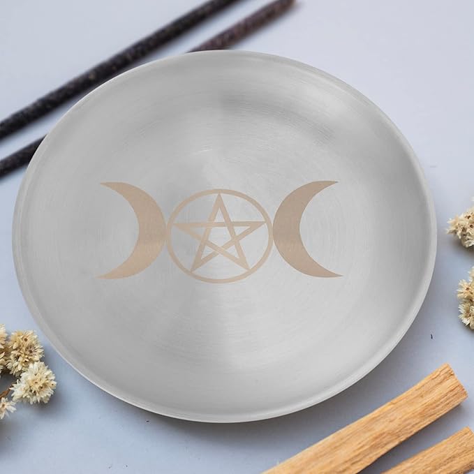 PRETYZOOM Altar Ritual Plate Dish Vintage Metal Offering Bowl Pentagram Moon Candle Holder Prayer Bowl Offering Plate Incense Burner Tray for Witchcraft Wiccan Tarot Supplies