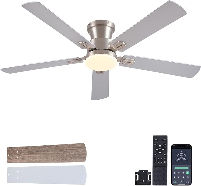 NKPU 52Inch Flush Mount Ceiling Fans with Lights and Remote Control/APP Control, DC Reversible Motor, Noiseless, Dimmable, Low Profile Nickel Ceiling Fan for Bedroom Indoor/Outdoor Use