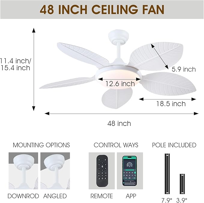 Wiviniya 48 Inch Tropical Ceiling Fans with Lights, Palm Leaf Outdoor Ceiling Fan with Light for Patios Porch Bedroom Living Room, Remote/APP Control, Reversible Quiet DC Motor, Dimmable LED, White