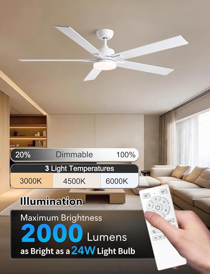 Rayqueen 60 Inch White Ceiling Fans with Lights and Remote,Includes Downrod | 6 Speed Reversible DC motor,3-color temperature dimmable LED.For indoor/covered outdoor.Modern style for bedroom room