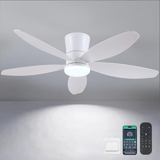 Surtime 48" Ceiling Fans with Lights-Low Profile Ceiling Fan with Light and Remote/APP Control,Flush Mount,DC Reversible,LED Dimmable Modern Ceiling Fans for Bedroom,Indoor/Outdoor Patio Use(White)