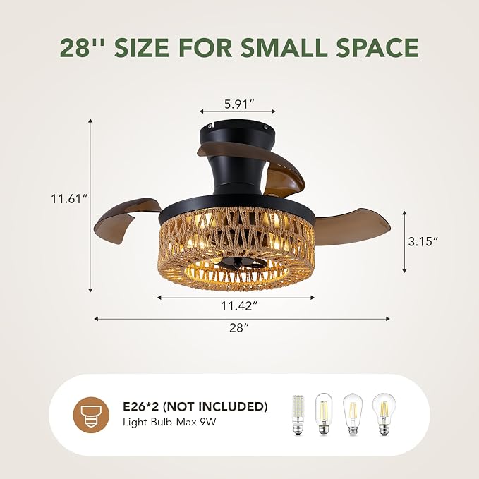 28'' Retractable Ceiling Fan with Lights and Remote, Flush Mount Small Caged Ceiling Fan Farmhouse Boho Fandelier Invisible Blades 6 Wind Speed for Kids Room Bedroom Kitchen Dining Room