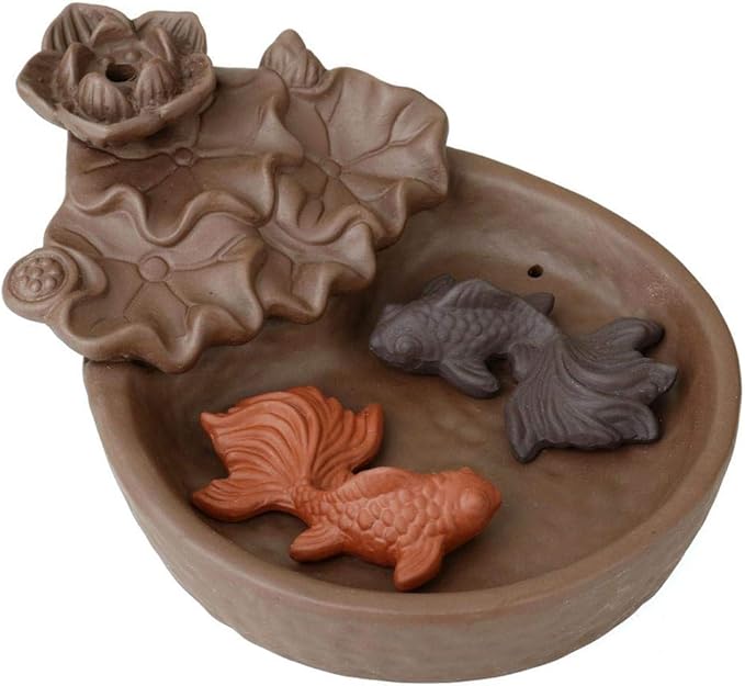 Backflow Incense Holder Burner Lotus Goldfish Pond Handicraft Censer Ceramic Incense Stick Holder Waterfall Back Flowing Incense Burner + 20 Backflow Incense Cones 30 Incense Sticks 1 Tweezer 1 Mat