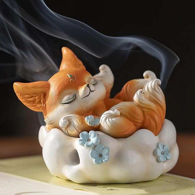 Cute Nine-Tailed Fox Decorative Incense Holder, Resin Sleeping Fox Figurine Cone Coil Incense Burner with Lid, Ash Catcher for Yoga Meditation Spa Home Office Aromatherapy Decor (Orange)