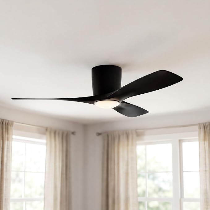 Kichler Volos 48” Indoor Ceiling Fan with LED Light and Wall Control in Satin Black, Contemporary Ceiling Fan with Light, 300032SBK