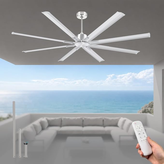 Minislak 72 Inch Ceiling Fan Without Light with 8 Brushed Nickel Aluminum Blades,Industrial Ceilin fan with Remote,6 Speed,Quiet DC Motor,Large Outdoor Indoor Ceiling Fan for Patio,Garage,Living Room