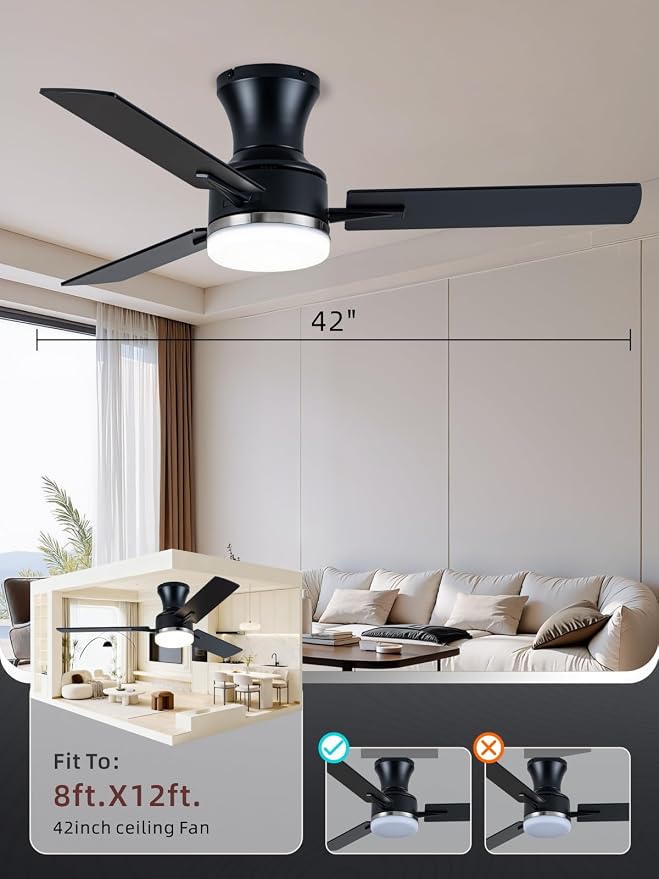 LANMEL 42 Inch Flush Mount Ceiling Fan with Light, App&Remote Control, Low Profile Modern Ceiling Fan, 6 Speed, Reversible, 3000k-6500k Dimmable LED, Quiet DC Motor for Indoor Outdoor, Silver Black