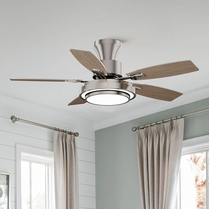 Ceiling Fans with Lights and Remote Control, 42 Inch Flush Mount Ceiling Fan with Quiet Reversible DC Motor, Dimmable LED Lighting, 6 Speeds, Timer, Nickel Ceiling Fan for Bedroom Living Room