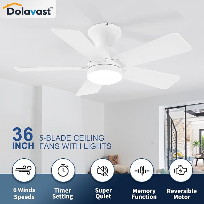 Ceiling Fans with Lights, 36 Inch Low Profile Ceiling Fan with Light and Remote Control, Flush Mount, Reversible, 3CCT, Dimmable LED, Quiet, White Ceiling Fan for Bedroom, Kitchen, Office