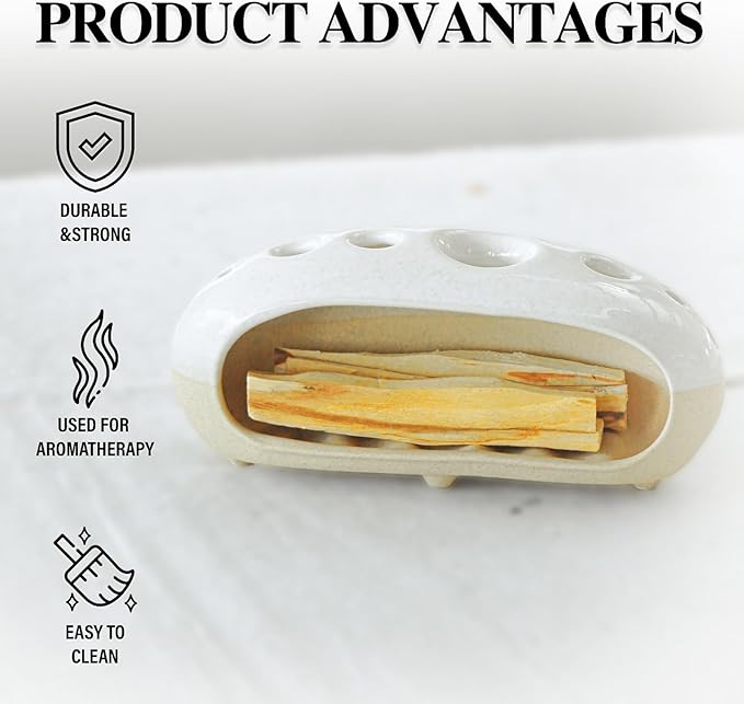 3 in 1 Palo Santo Holder for Sage Bundles Cone Incense, Handcrafted Ceramic Incense Burner Holder Ash Catcher with Chimney, Smudge Bowl for Yoga Meditation Home Decor (Multi - Porous White)