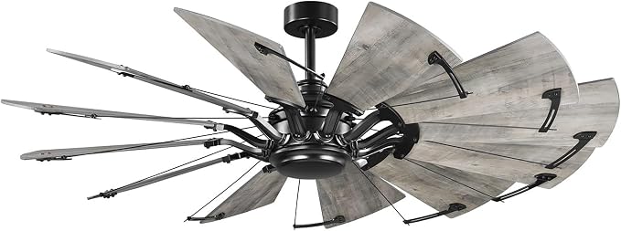 Progress Lighting Springer Collection DC Motor Farmhouse Windmill Ceiling Fan, Matte Black, 12-Blade (60" W x 17-3/8" H) P250000-31M