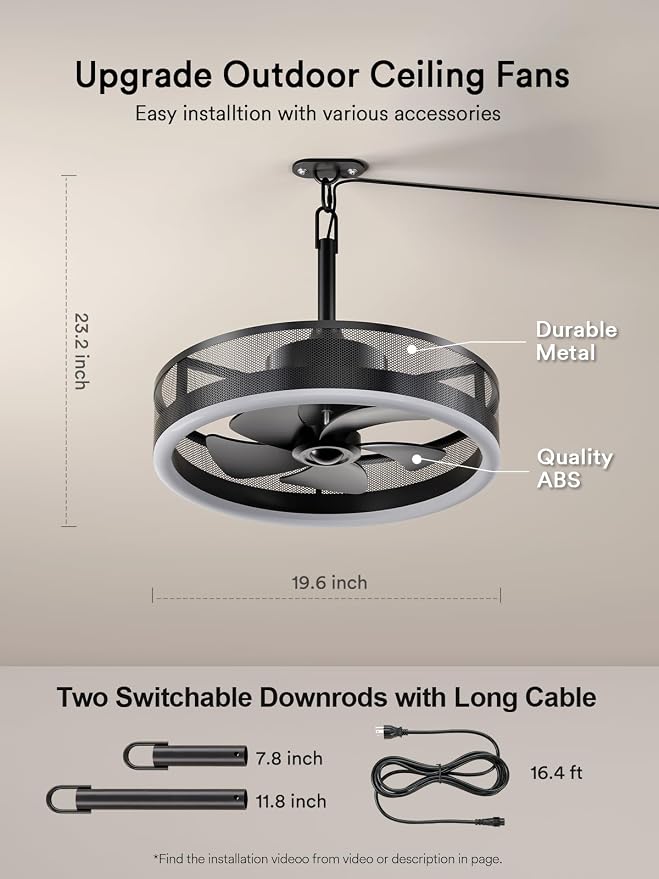 Lumary Smart Gazebo Ceiling Fans with Color Lights for Patios Outdoor, 20in | RGBAI+White Dimmable, Wi-Fi Bluetooth Connect, Work with Alexa/Google/APP, Waterproof Plug in Ceiling Fan with Hook/Remote