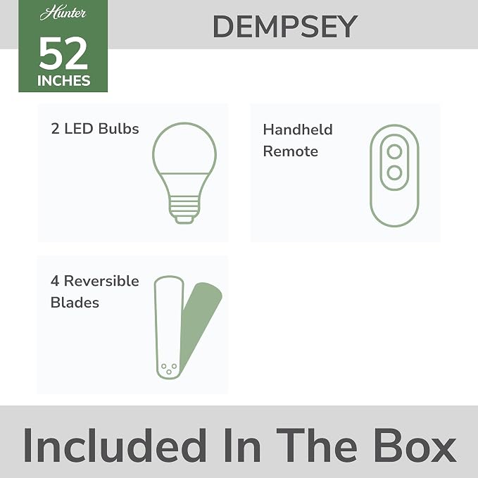 Hunter 52 inch Indoor Ceiling Fan with LED Light and Remote Control - White Modern Ceiling Fan, Low Profile Mount, 4 Blades, For Bedroom, Living Room, or Kitchen, Quiet - Dempsey 59242, Fresh White | with LED Light and Remote Control, Low Profile Mount...