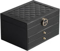 GUOER Jewelry Box for Women Girl Wife 3 Layers Large PU Leather Jewelry Organizer Storage Case with Two drawers Display for Earrings Bracelets Rings Watches (Black) | Vintage Quilting Stitching PU Leather, Earrings Bracelets Rings Necklace Watches Stor...