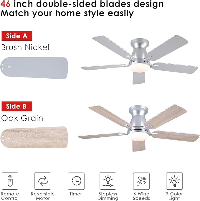 Mpayel 46 Inch Ceiling Fans with Lights and Remote, Silver Ceiling Fan with Light Flush Mount, Low Noise, Reversible, Dimmable, Modern Low Profile Ceiling Fan with Light for Bedroom Indoor Outdoor