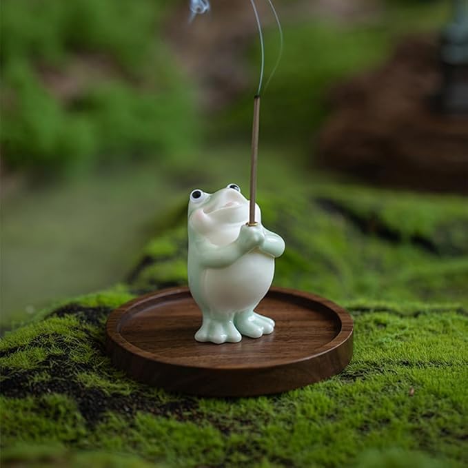 Frog Incense Holder for Sticks, Ceramic Incense Holder Cute Frog Figurines Incense Stick Holder, Insence-Sticks Burner Incense Burner Holder for Yoga Meditation Home Office Decor (without Ash Catcher)