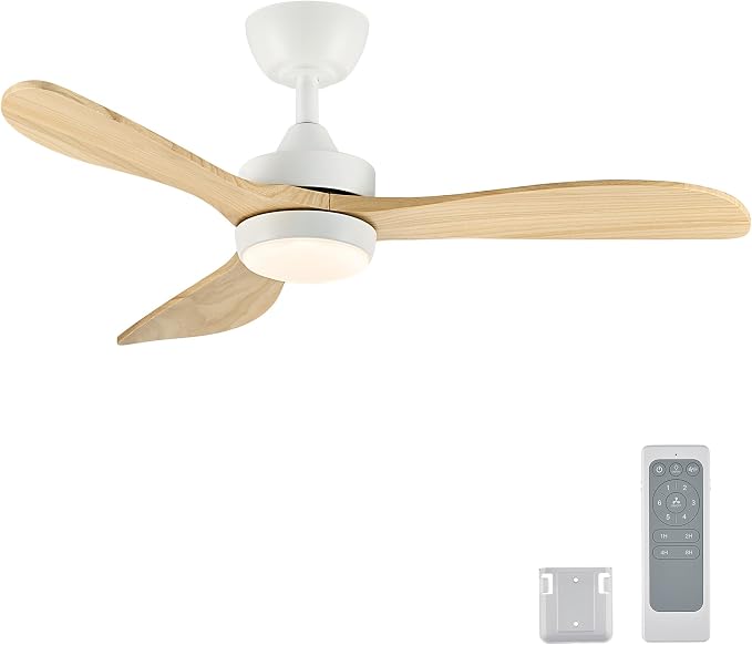 VONLUCE Wood Ceiling Fan with Lights, 42 Inch Ceiling Fan and Remote, 6-Speeds Quiet Reversible DC Motor, 3CCT, 3 Blades Outdoor Ceiling Fan for Patios Farmhouse, White