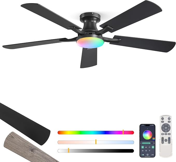 ZMISHIBO 42 Inch RGB Ceiling Fan with Light, App&Remote Control, Flush Mount Low Profile, Dimmable 20W LED Light, Quiet Reversible Motor for Bedroom, Living Room, Apartment, Black