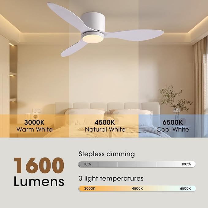 LUDOMIDE Ceiling Fans with Lights,42 Inch Low Profile Ceiling Fan with Wall Control and Remote Control,Dimmable,Flush Mount Ceiling Fan with Noiseless DC Reversible Motor for Bedroom Indoor Use