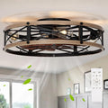 SHLUCE 22" Low Profile Caged Ceiling Fan with Light, Farmhouse Flush Mount Bladeless Ceiling Fans with Lights and Remote, Rustic Fandelier Ceiling Fan with Light for Kitchen, Bedroom - ETL